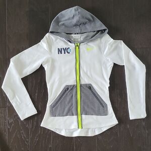 Nike White and Gray Sweatshirt with Hood and Neon Accents